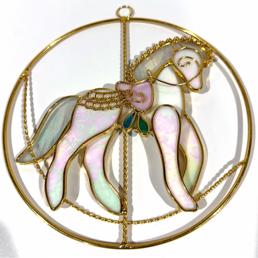 Vintage Merry-Go-Round Carousel Horse Gold Iridescent Stained Glass Suncatcher